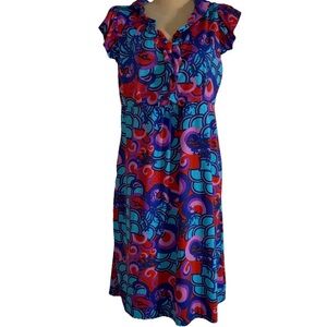 Tracy Negoshian Women’s Colorful Abstract Ruffle Pull OverDress M Made in Korea